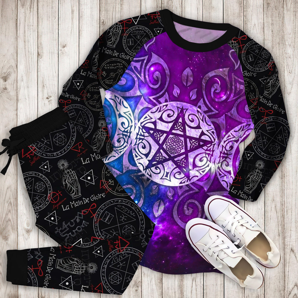 Wicca Triple Moon Pajama Set | Pajamas | Cotton Sleepwear Sets | Soft Long Sleeve Pjs | Raglan Shirt and Pants Set