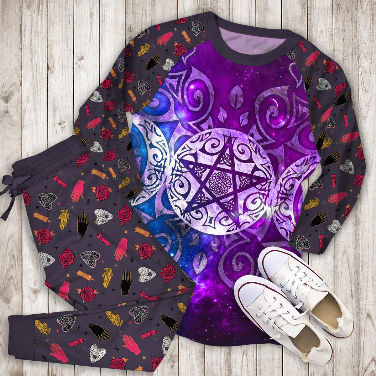 Wicca Triple Moon Pajama Set | Pajamas | Cotton Sleepwear Sets | Soft Long Sleeve Pjs | Raglan Shirt and Pants Set