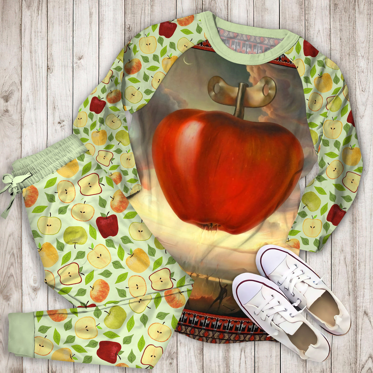 Apple Pajama Set | Pajamas | Cotton Sleepwear Sets | Soft Long Sleeve Pjs | Raglan Shirt and Pants Set