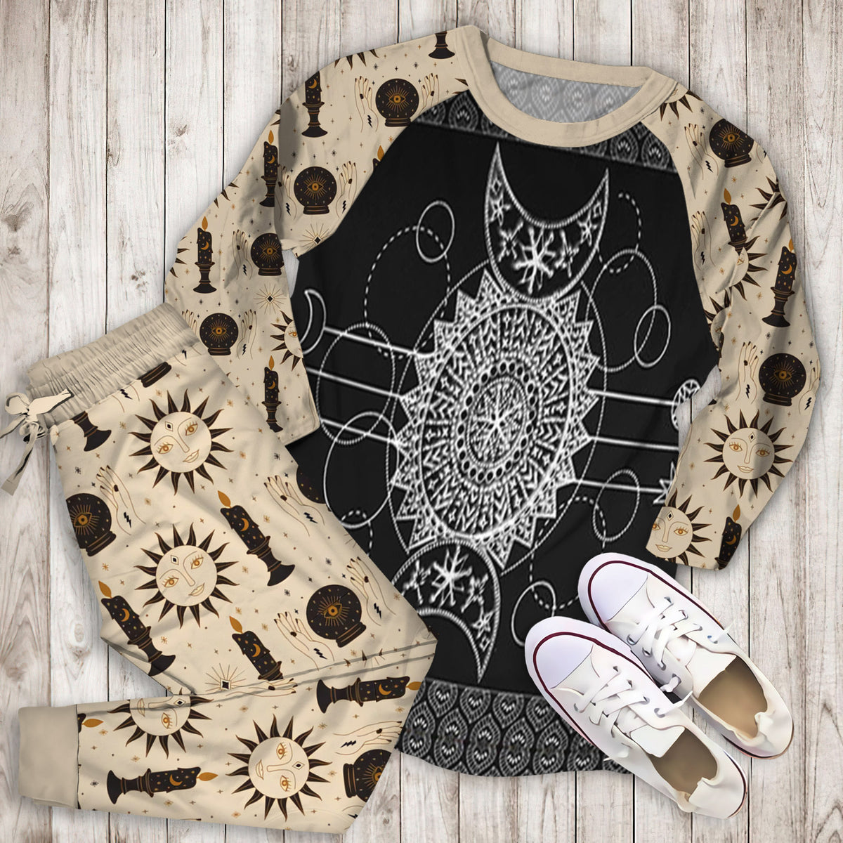Wicca Triple Moon Pajama Set | Pajamas | Cotton Sleepwear Sets | Soft Long Sleeve Pjs | Raglan Shirt and Pants Set