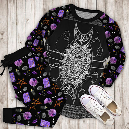 Wicca Triple Moon Pajama Set | Pajamas | Cotton Sleepwear Sets | Soft Long Sleeve Pjs | Raglan Shirt and Pants Set
