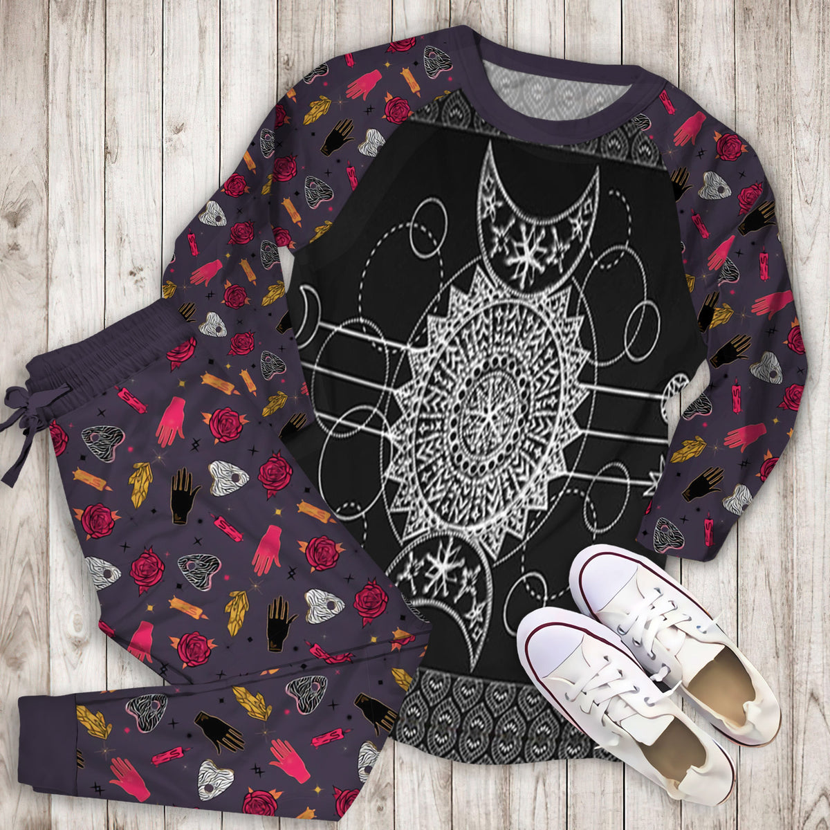 Wicca Triple Moon Pajama Set | Pajamas | Cotton Sleepwear Sets | Soft Long Sleeve Pjs | Raglan Shirt and Pants Set