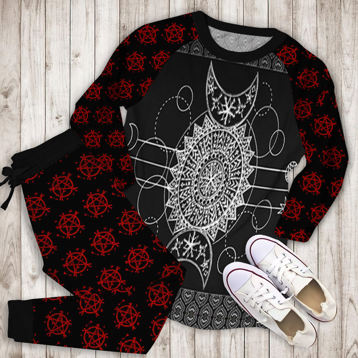 Wicca Triple Moon Pajama Set | Pajamas | Cotton Sleepwear Sets | Soft Long Sleeve Pjs | Raglan Shirt and Pants Set