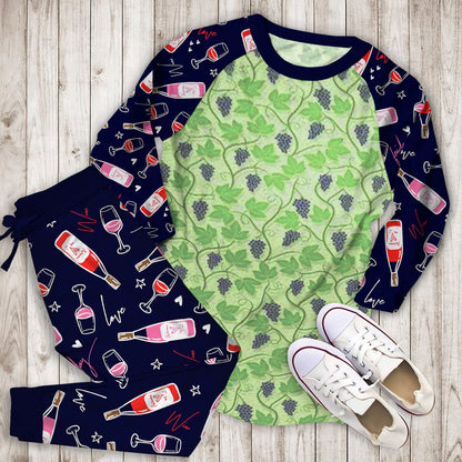 Wine Grape Thmed Pajama Set | Pajamas | Cotton Sleepwear Sets | Soft Long Sleeve Pjs | Raglan Shirt and Pants Set