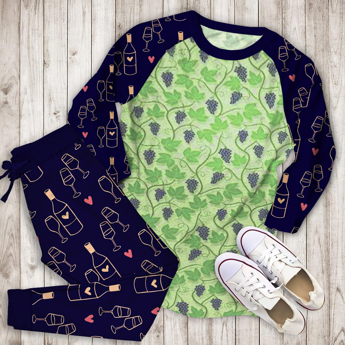 Wine Grape Thmed Pajama Set | Pajamas | Cotton Sleepwear Sets | Soft Long Sleeve Pjs | Raglan Shirt and Pants Set
