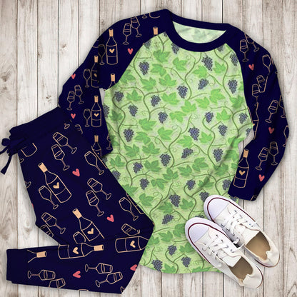 Wine Grape Thmed Pajama Set | Pajamas | Cotton Sleepwear Sets | Soft Long Sleeve Pjs | Raglan Shirt and Pants Set