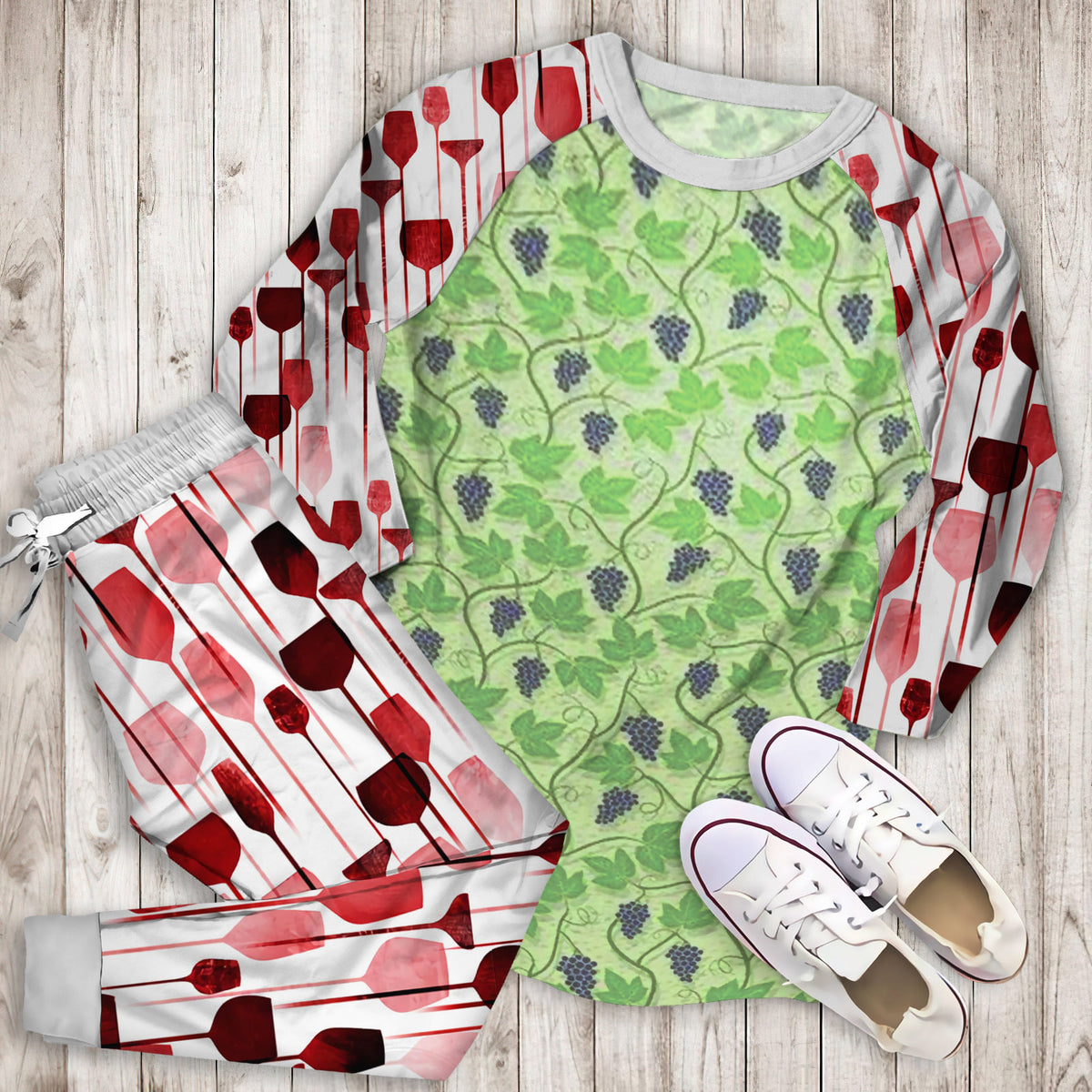 Wine Grape Thmed Pajama Set | Pajamas | Cotton Sleepwear Sets | Soft Long Sleeve Pjs | Raglan Shirt and Pants Set