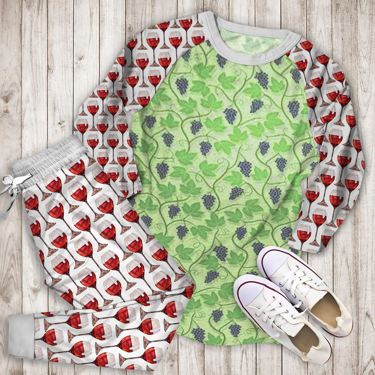 Wine Grape Thmed Pajama Set | Pajamas | Cotton Sleepwear Sets | Soft Long Sleeve Pjs | Raglan Shirt and Pants Set
