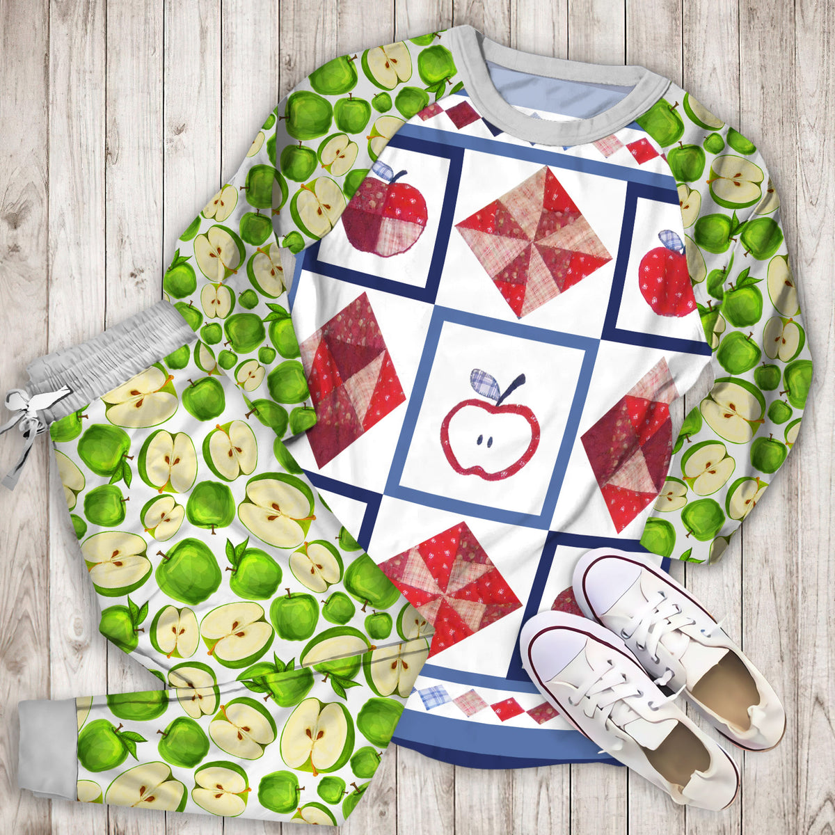 Apple Pajama Set | Pajamas | Cotton Sleepwear Sets | Soft Long Sleeve Pjs | Raglan Shirt and Pants Set