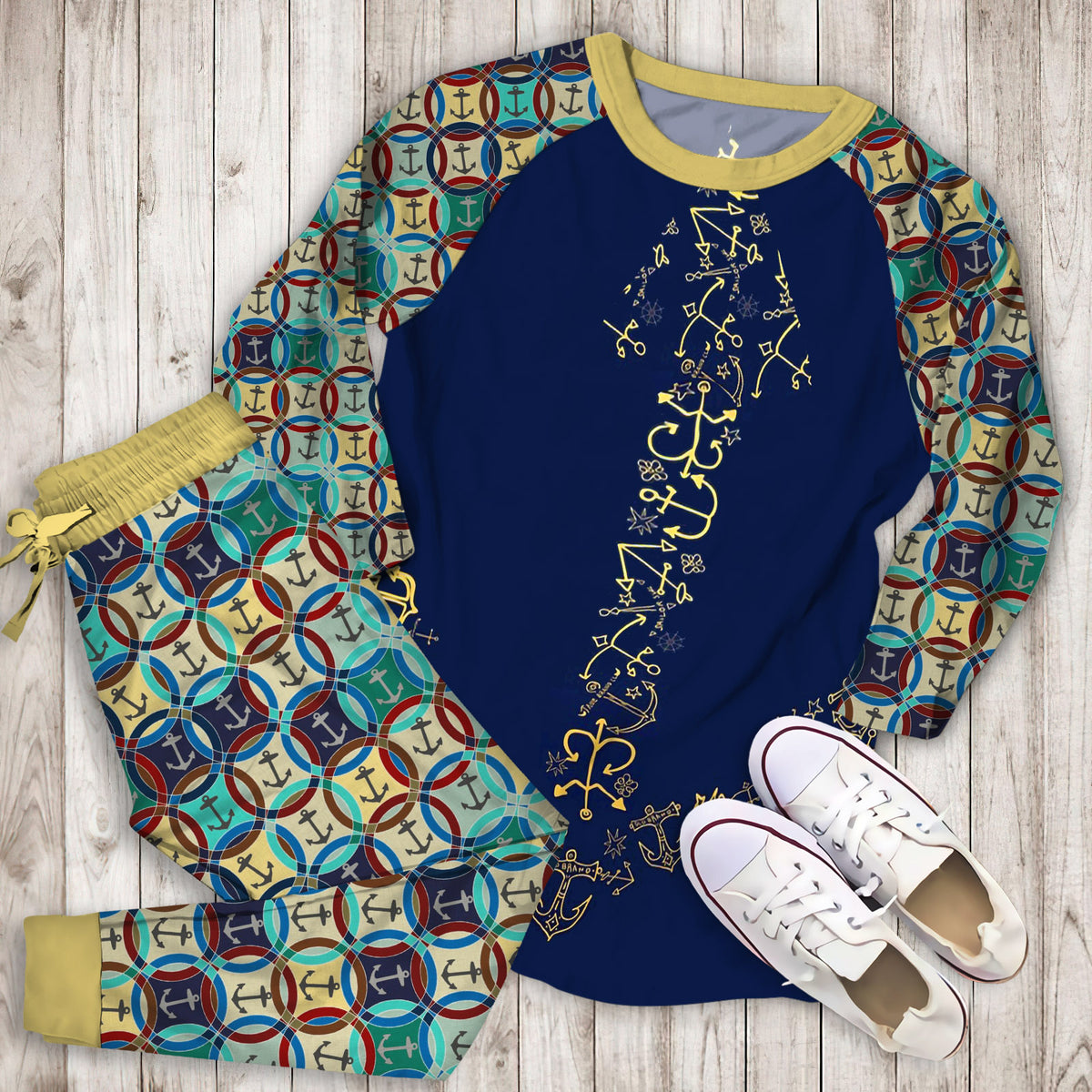 Scenery Anchor Pajama Set | Pajamas | Cotton Sleepwear Sets | Soft Long Sleeve Pjs | Raglan Shirt and Pants Set