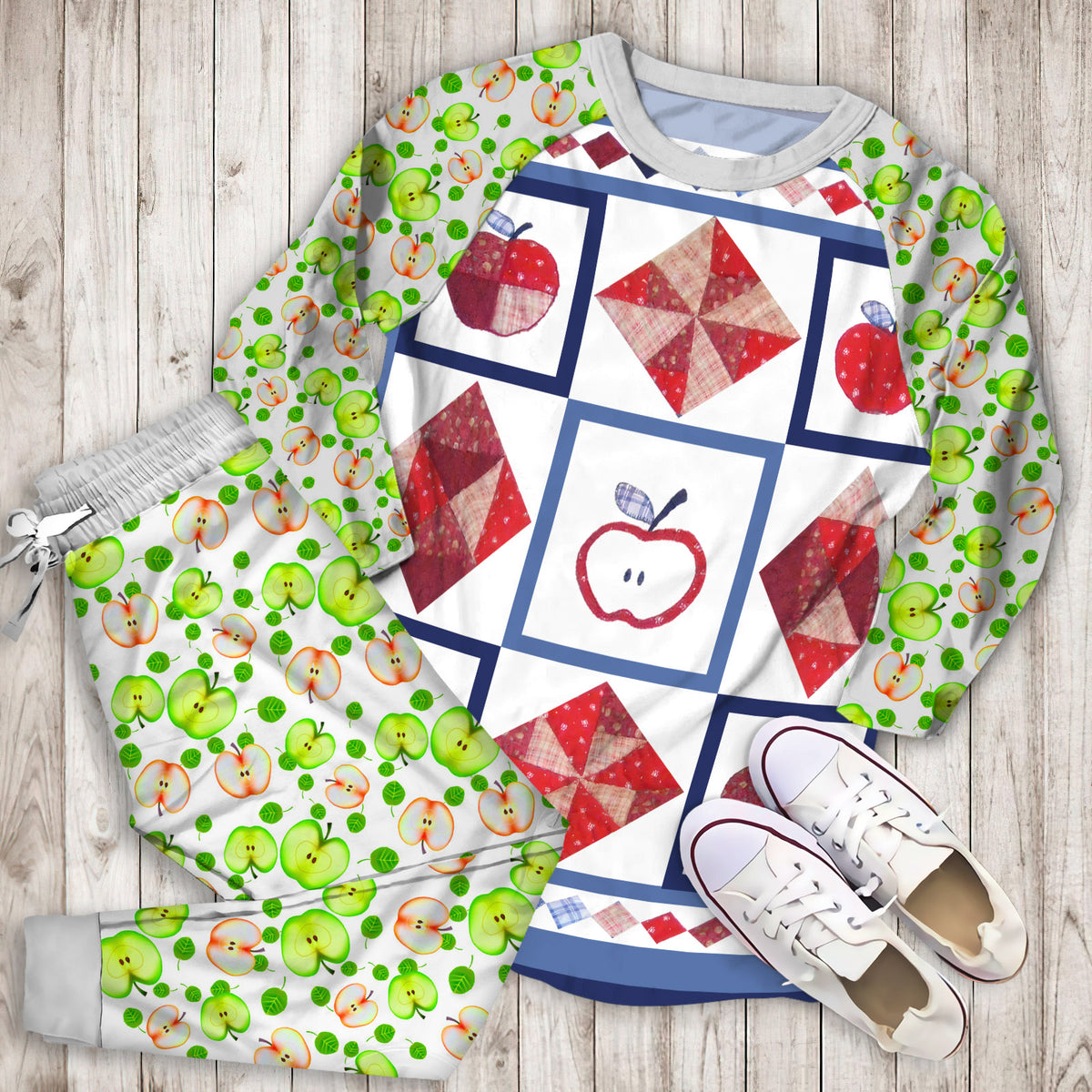 Apple Pajama Set | Pajamas | Cotton Sleepwear Sets | Soft Long Sleeve Pjs | Raglan Shirt and Pants Set
