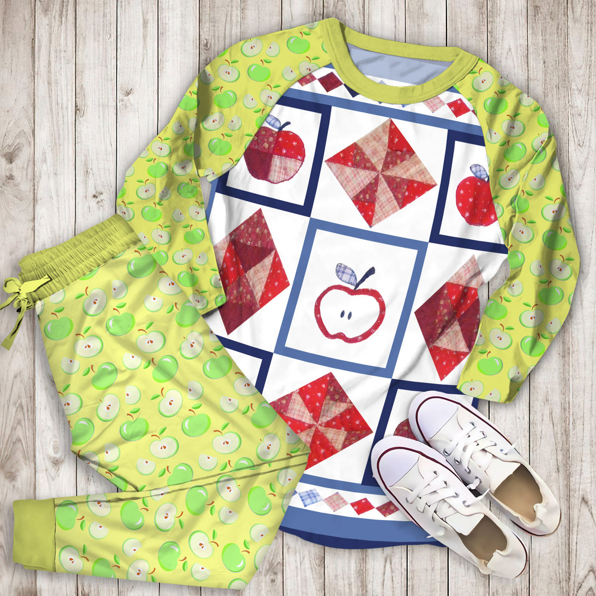 Apple Pajama Set | Pajamas | Cotton Sleepwear Sets | Soft Long Sleeve Pjs | Raglan Shirt and Pants Set