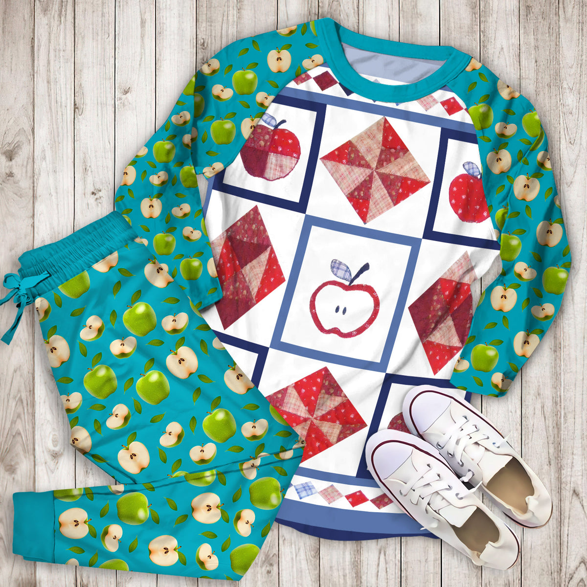 Apple Pajama Set | Pajamas | Cotton Sleepwear Sets | Soft Long Sleeve Pjs | Raglan Shirt and Pants Set