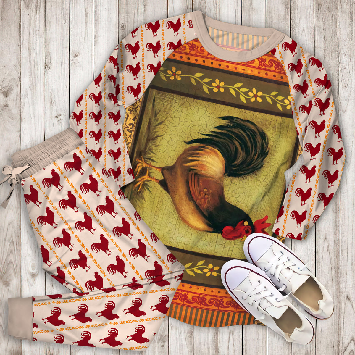Rooster Pajama Set | Pajamas | Cotton Sleepwear Sets | Soft Long Sleeve Pjs | Raglan Shirt and Pants Set