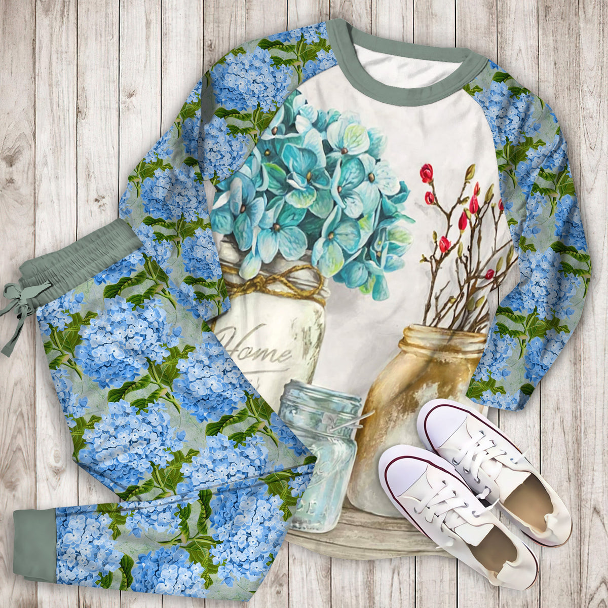 Hydrangea Floral Pajama Set |Sleepwear Pjs Sets | Raglan Shirt Pants Set