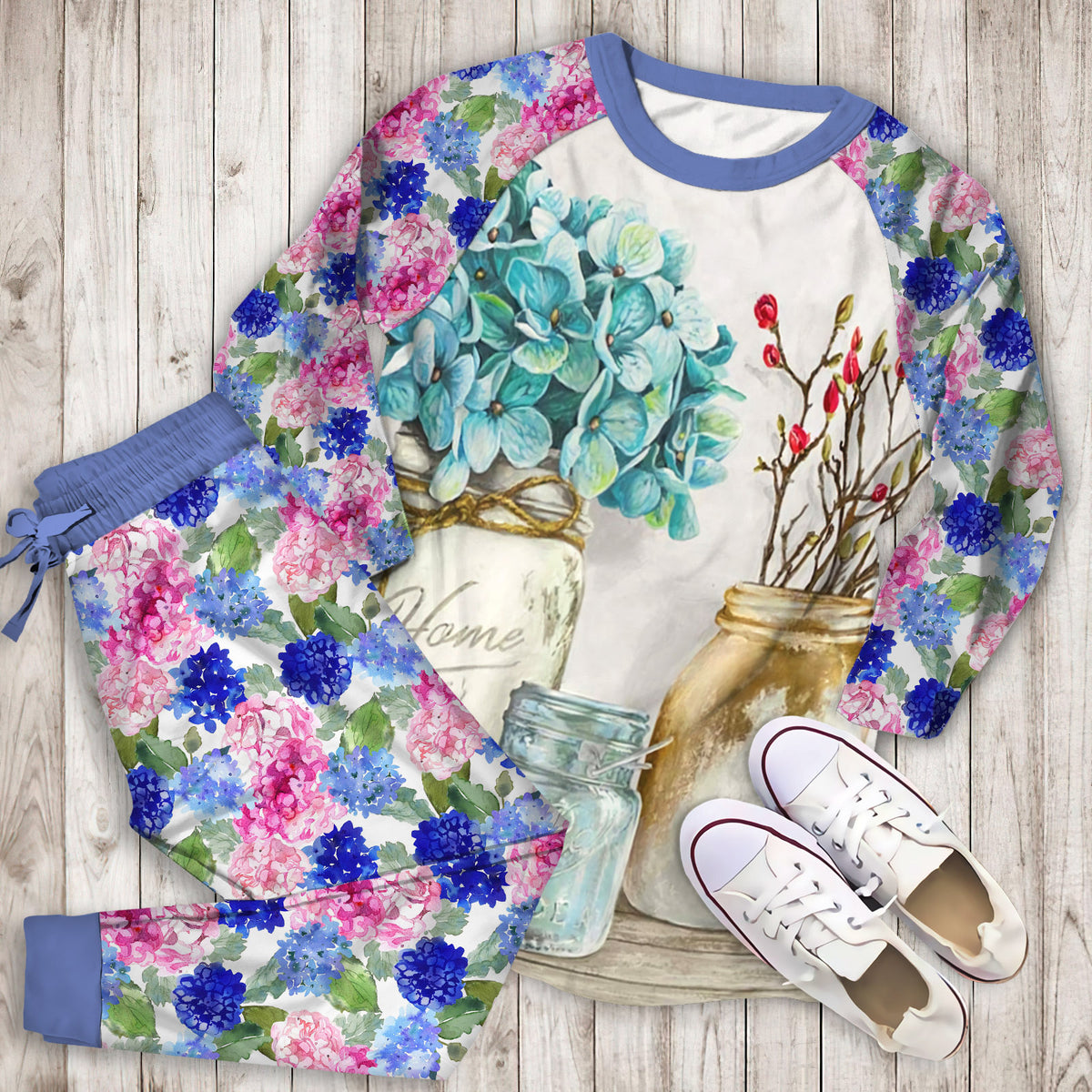 Hydrangea Floral Pajama Set |Sleepwear Pjs Sets | Raglan Shirt Pants Set
