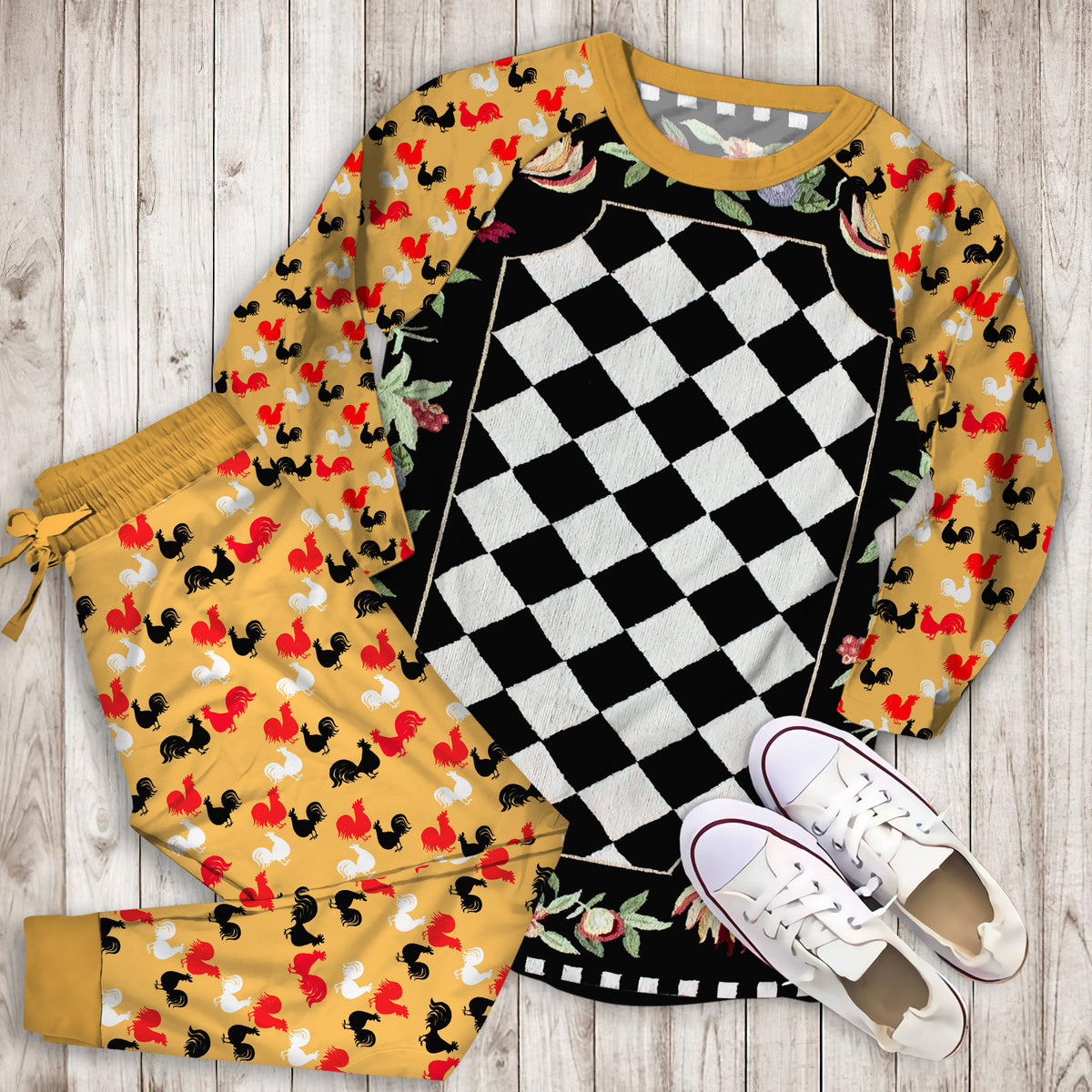 Black Rooster Pajama Set | Pajamas | Cotton Sleepwear Sets | Soft Long Sleeve Pjs | Raglan Shirt and Pants Set