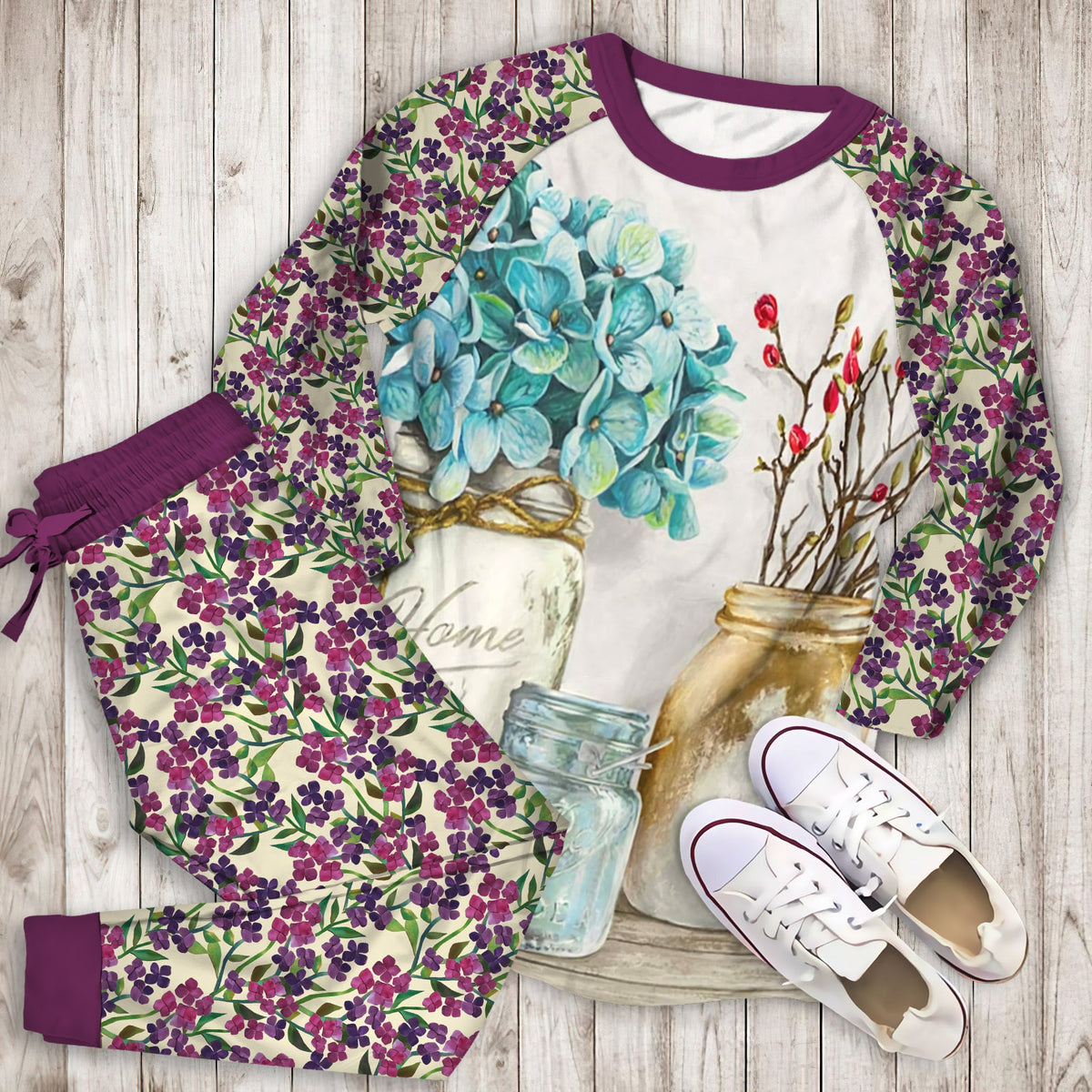 Hydrangea Floral Pajama Set |Sleepwear Pjs Sets | Raglan Shirt Pants Set