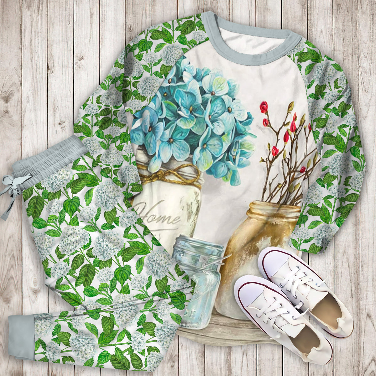 Hydrangea Floral Pajama Set |Sleepwear Pjs Sets | Raglan Shirt Pants Set