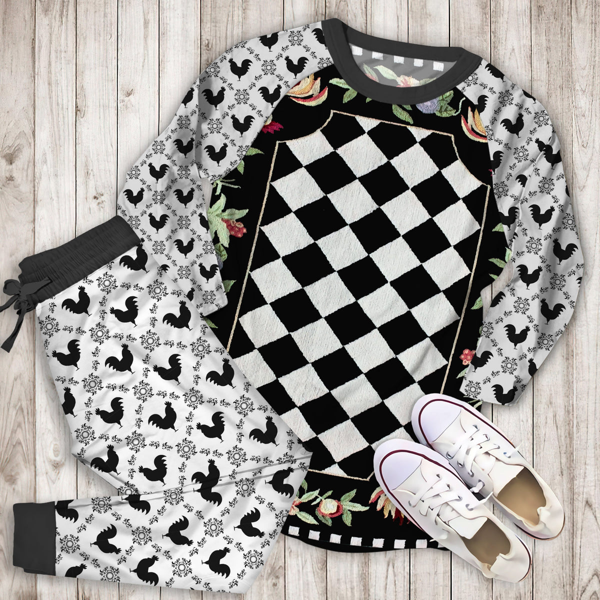 Black Rooster Pajama Set | Pajamas | Cotton Sleepwear Sets | Soft Long Sleeve Pjs | Raglan Shirt and Pants Set