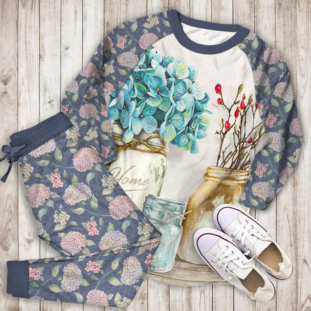 Hydrangea Floral Pajama Set |Sleepwear Pjs Sets | Raglan Shirt Pants Set