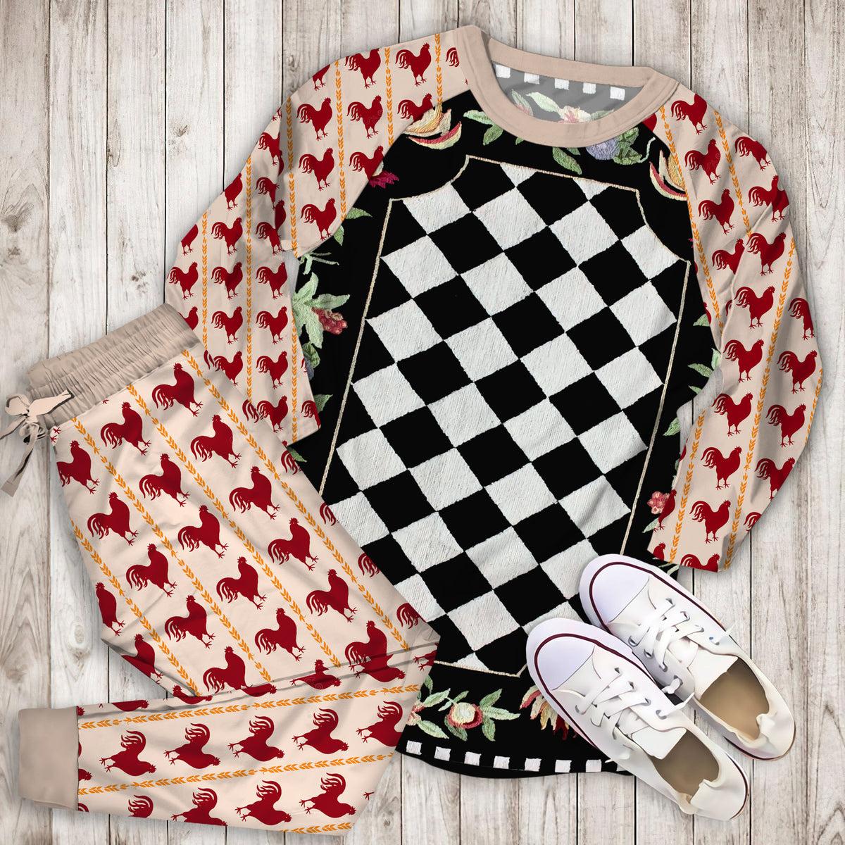 Black Rooster Pajama Set | Pajamas | Cotton Sleepwear Sets | Soft Long Sleeve Pjs | Raglan Shirt and Pants Set