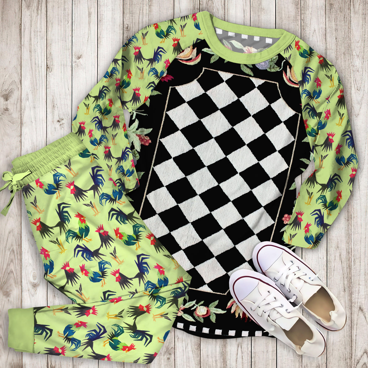 Black Rooster Pajama Set | Pajamas | Cotton Sleepwear Sets | Soft Long Sleeve Pjs | Raglan Shirt and Pants Set