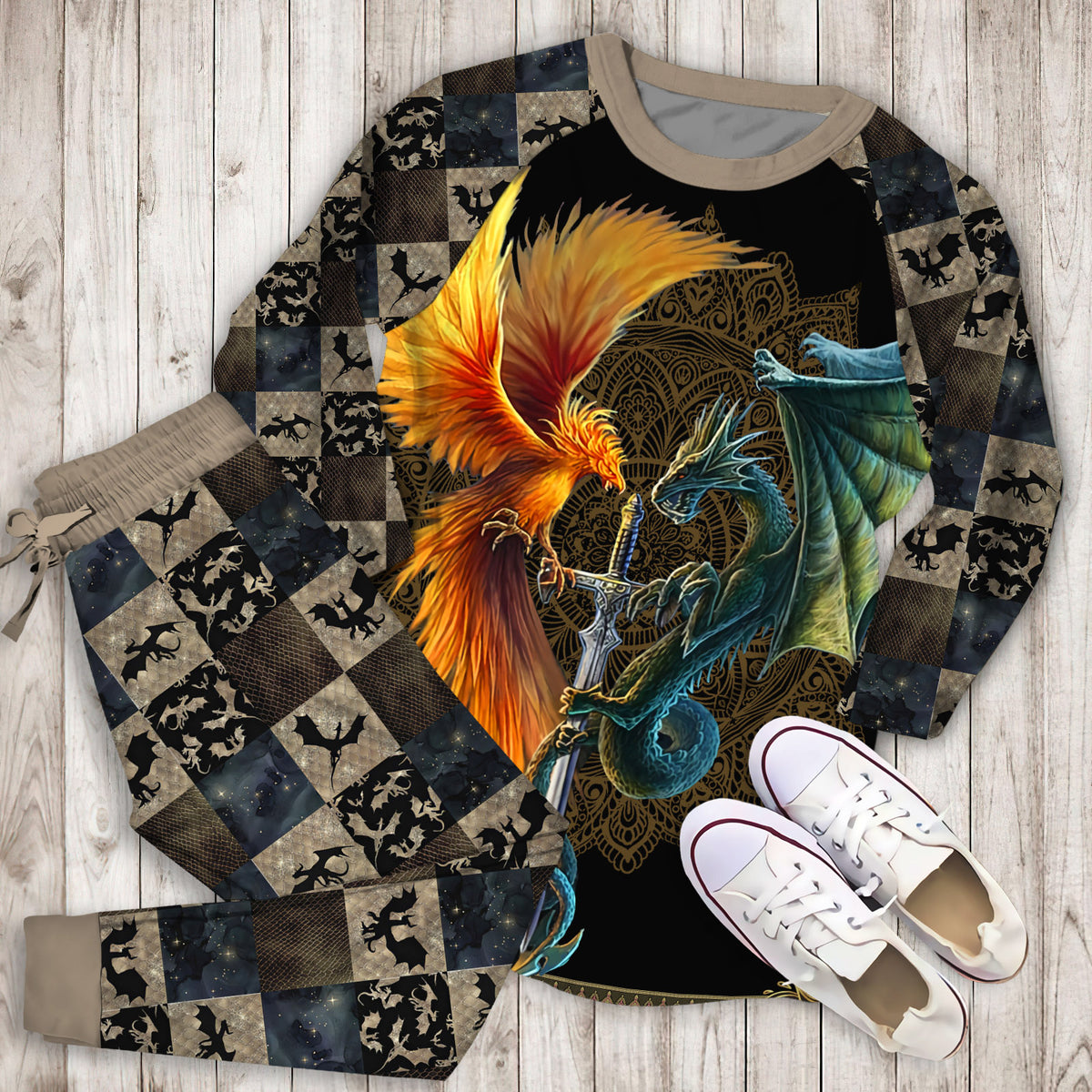 Dragon And Phoenix Pajama Set |Sleepwear Pjs Sets | Raglan Shirt Pants Set