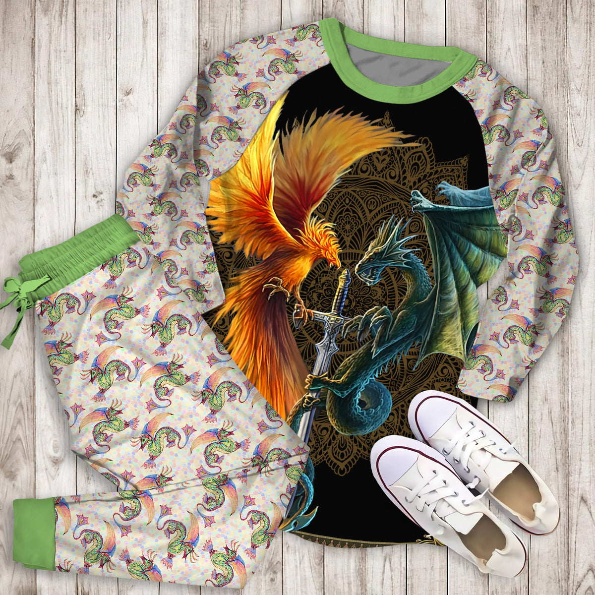 Dragon And Phoenix Pajama Set |Sleepwear Pjs Sets | Raglan Shirt Pants Set