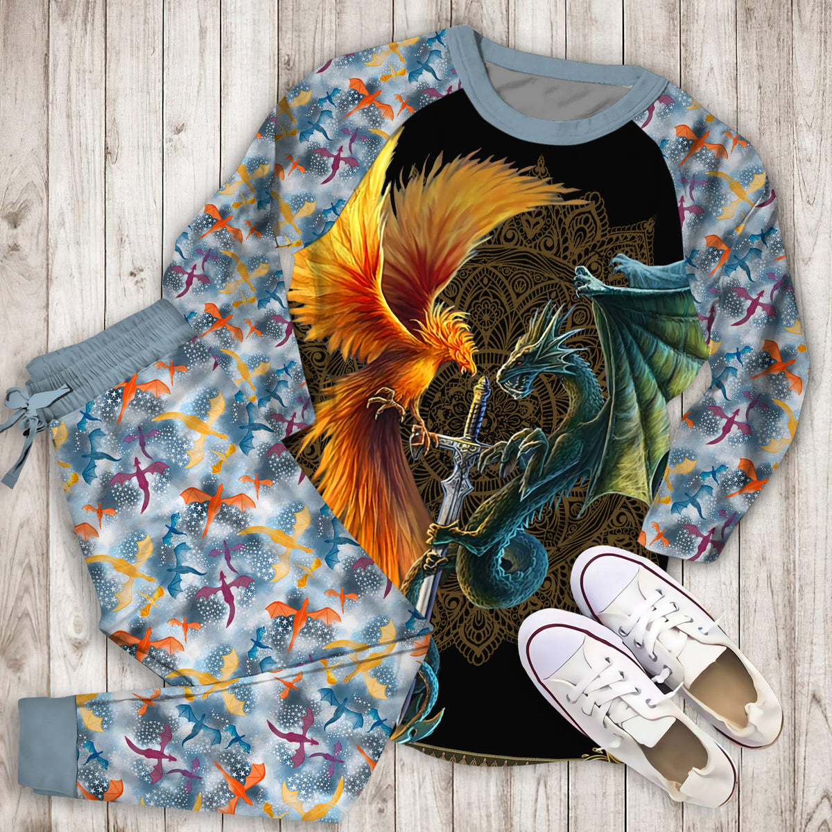 Dragon And Phoenix Pajama Set |Sleepwear Pjs Sets | Raglan Shirt Pants Set