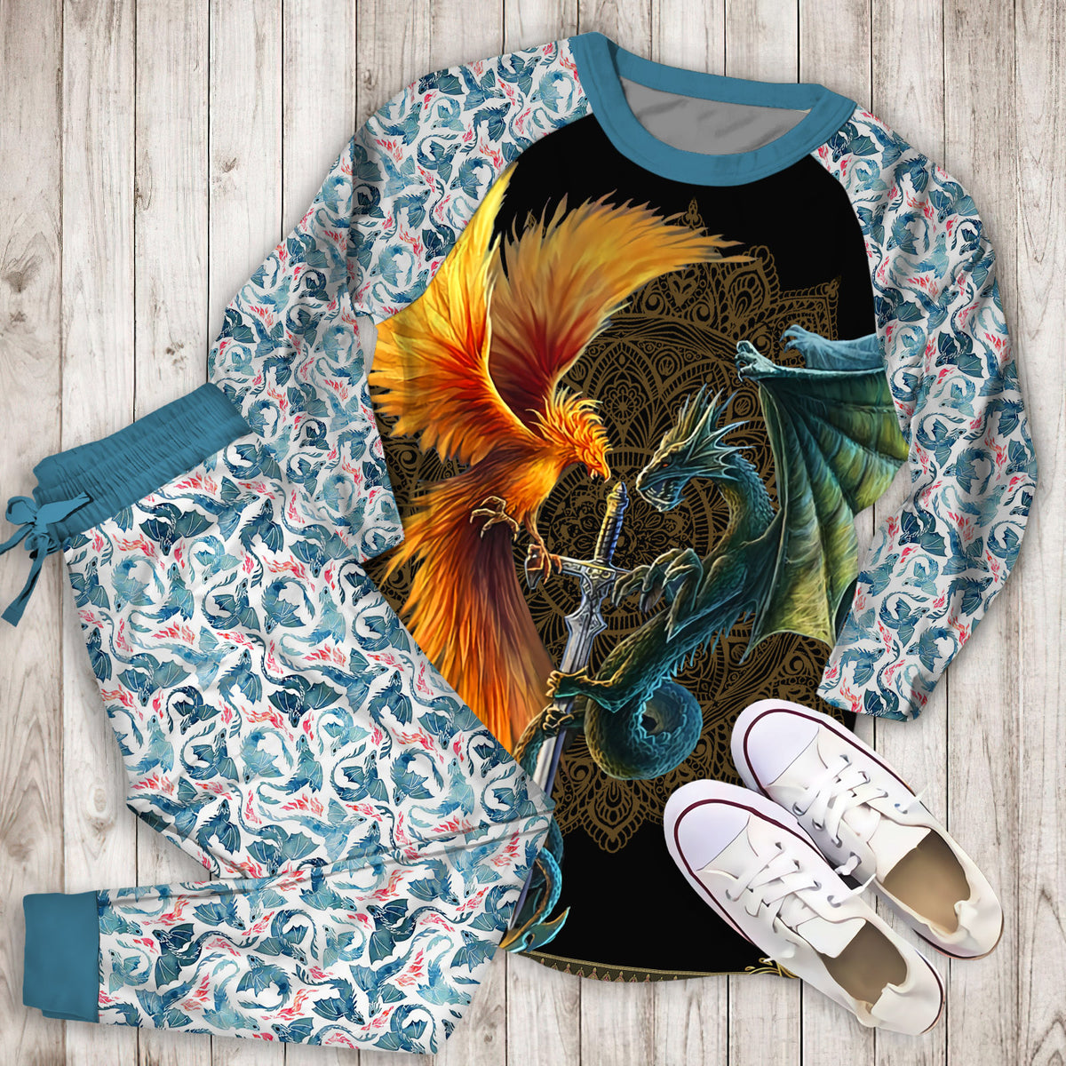 Dragon And Phoenix Pajama Set |Sleepwear Pjs Sets | Raglan Shirt Pants Set