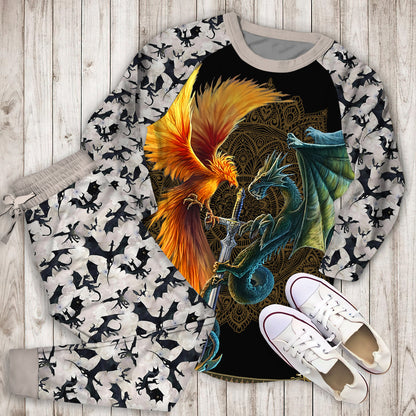 Dragon And Phoenix Pajama Set |Sleepwear Pjs Sets | Raglan Shirt Pants Set