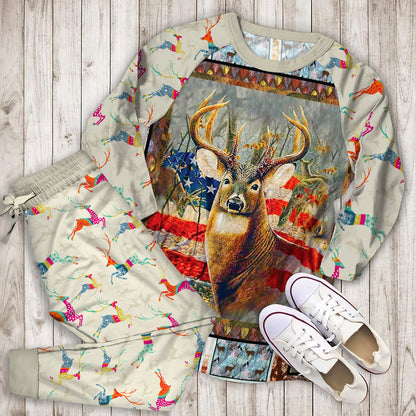 Deer Deer Flag Pajama Set | Pajamas | Cotton Sleepwear Sets | Soft Long Sleeve Pjs | Raglan Shirt and Pants Set