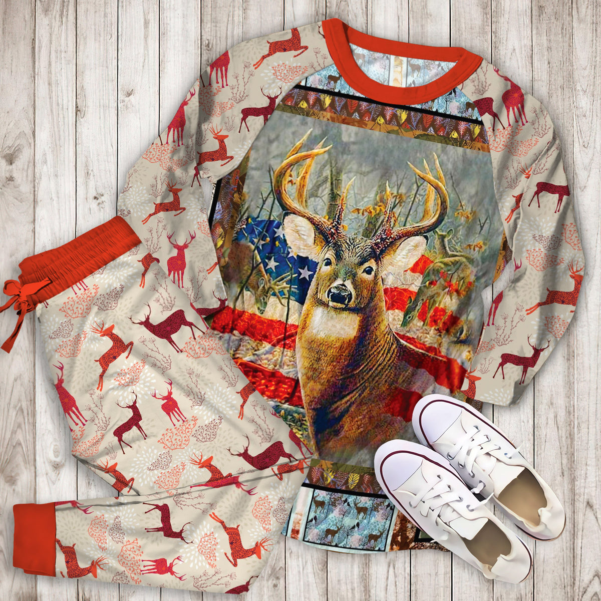 Deer Deer Flag Pajama Set | Pajamas | Cotton Sleepwear Sets | Soft Long Sleeve Pjs | Raglan Shirt and Pants Set
