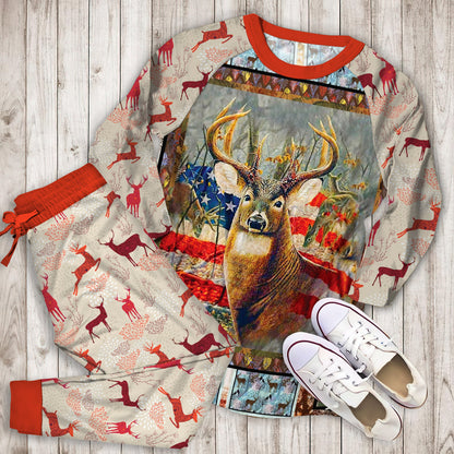 Deer Deer Flag Pajama Set | Pajamas | Cotton Sleepwear Sets | Soft Long Sleeve Pjs | Raglan Shirt and Pants Set