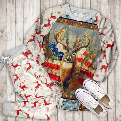 Deer Deer Flag Pajama Set | Pajamas | Cotton Sleepwear Sets | Soft Long Sleeve Pjs | Raglan Shirt and Pants Set