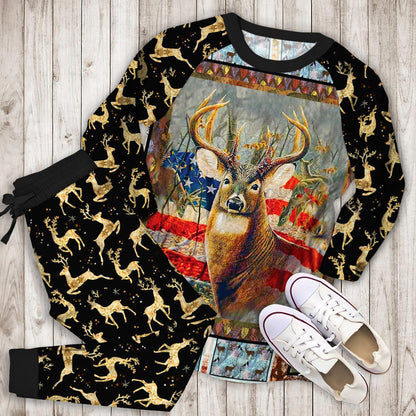 Deer Deer Flag Pajama Set | Pajamas | Cotton Sleepwear Sets | Soft Long Sleeve Pjs | Raglan Shirt and Pants Set