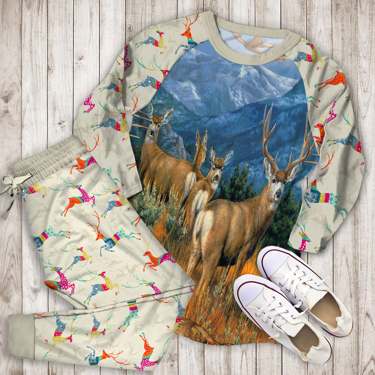 Mule Deer Painting Art Pajama Set | Pajamas | Cotton Sleepwear Sets | Soft Long Sleeve Pjs | Raglan Shirt and Pants Set