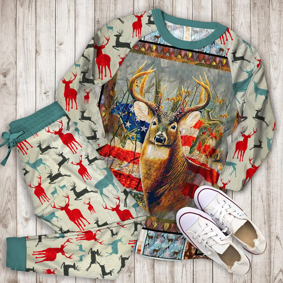 Deer Deer Flag Pajama Set | Pajamas | Cotton Sleepwear Sets | Soft Long Sleeve Pjs | Raglan Shirt and Pants Set