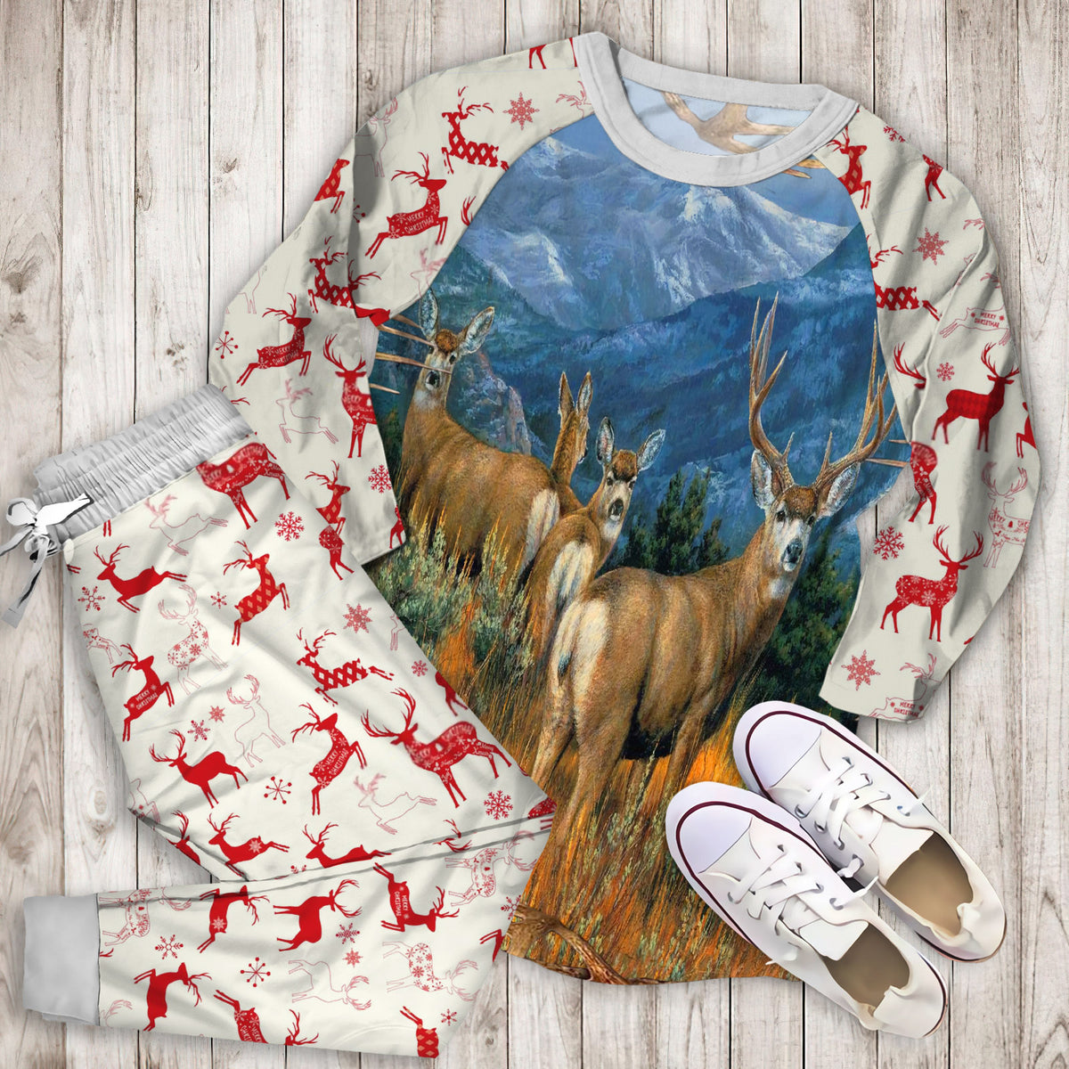 Mule Deer Painting Art Pajama Set | Pajamas | Cotton Sleepwear Sets | Soft Long Sleeve Pjs | Raglan Shirt and Pants Set