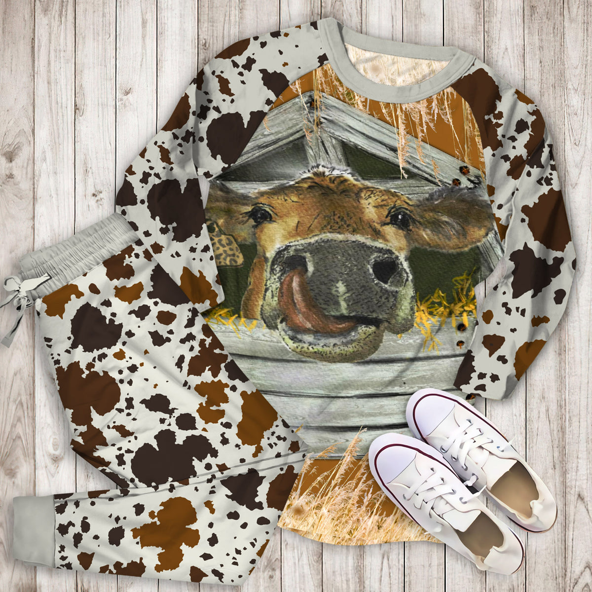 Cow Pajama Set |Sleepwear Pjs Sets | Raglan Shirt Pants Set