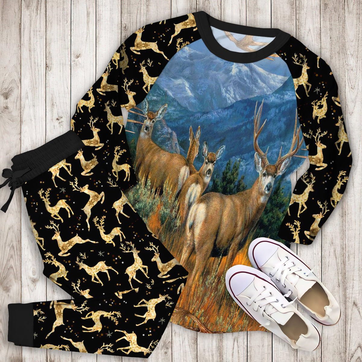 Mule Deer Painting Art Pajama Set | Pajamas | Cotton Sleepwear Sets | Soft Long Sleeve Pjs | Raglan Shirt and Pants Set