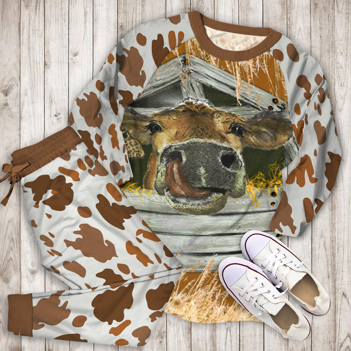 Cow Pajama Set |Sleepwear Pjs Sets | Raglan Shirt Pants Set