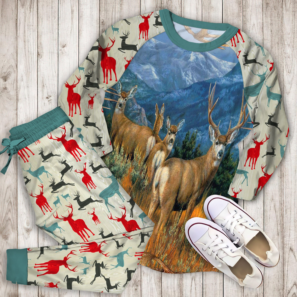 Mule Deer Painting Art Pajama Set | Pajamas | Cotton Sleepwear Sets | Soft Long Sleeve Pjs | Raglan Shirt and Pants Set