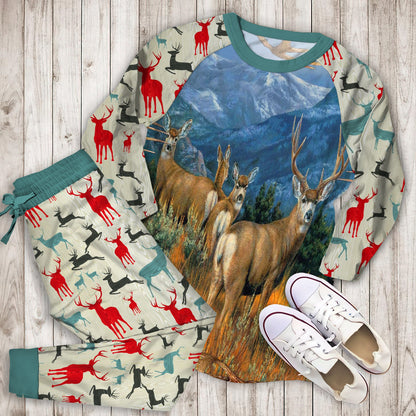 Mule Deer Painting Art Pajama Set | Pajamas | Cotton Sleepwear Sets | Soft Long Sleeve Pjs | Raglan Shirt and Pants Set