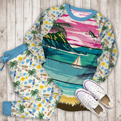 Beach Pajama Set | Pajamas | Cotton Sleepwear Sets | Soft Long Sleeve Pjs | Raglan Shirt and Pants Set