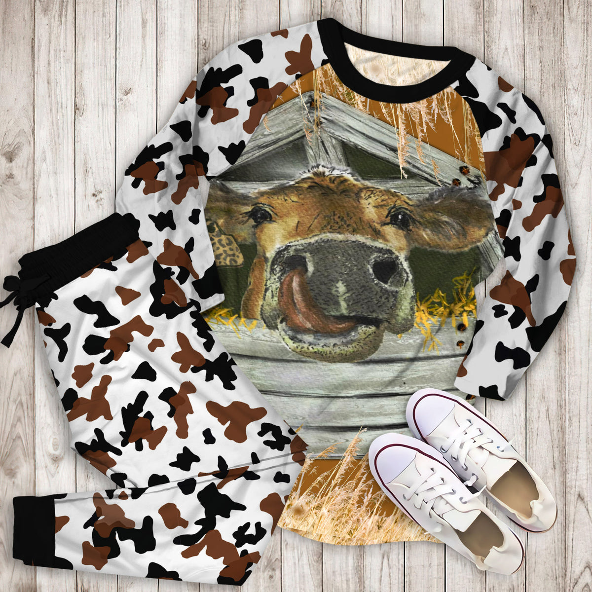 Cow Pajama Set |Sleepwear Pjs Sets | Raglan Shirt Pants Set
