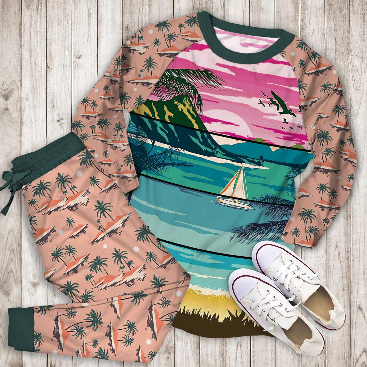 Beach Pajama Set | Pajamas | Cotton Sleepwear Sets | Soft Long Sleeve Pjs | Raglan Shirt and Pants Set