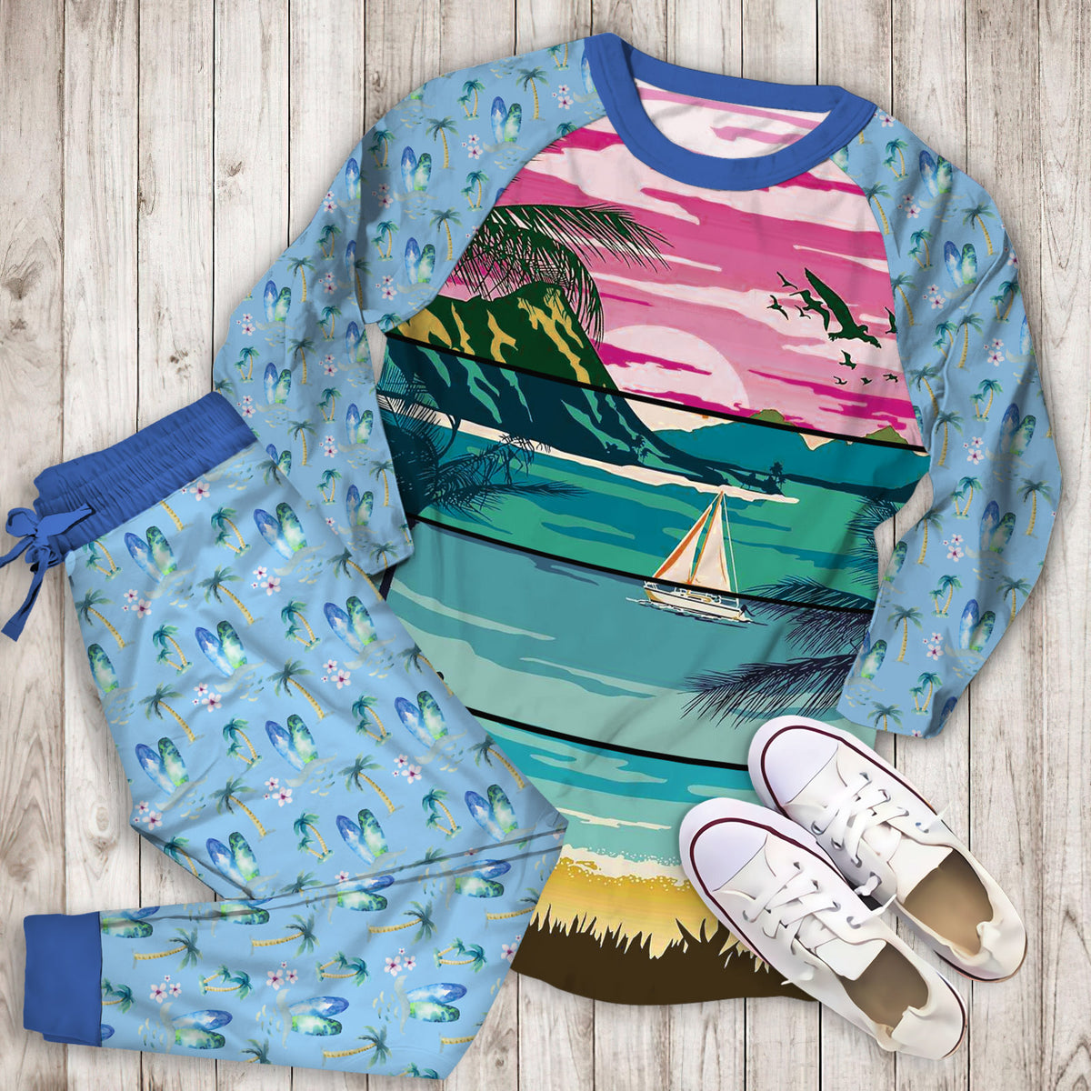 Beach Pajama Set | Pajamas | Cotton Sleepwear Sets | Soft Long Sleeve Pjs | Raglan Shirt and Pants Set