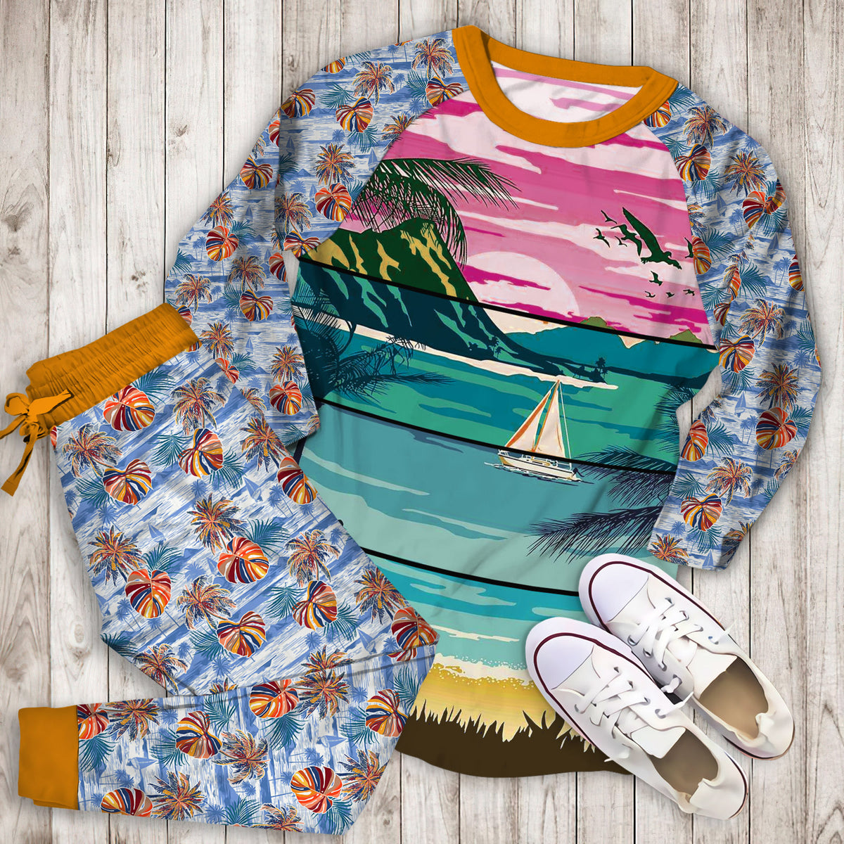 Beach Pajama Set | Pajamas | Cotton Sleepwear Sets | Soft Long Sleeve Pjs | Raglan Shirt and Pants Set